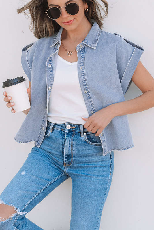 Blue V-Neck Knitted Summer Top with Exposed Seams