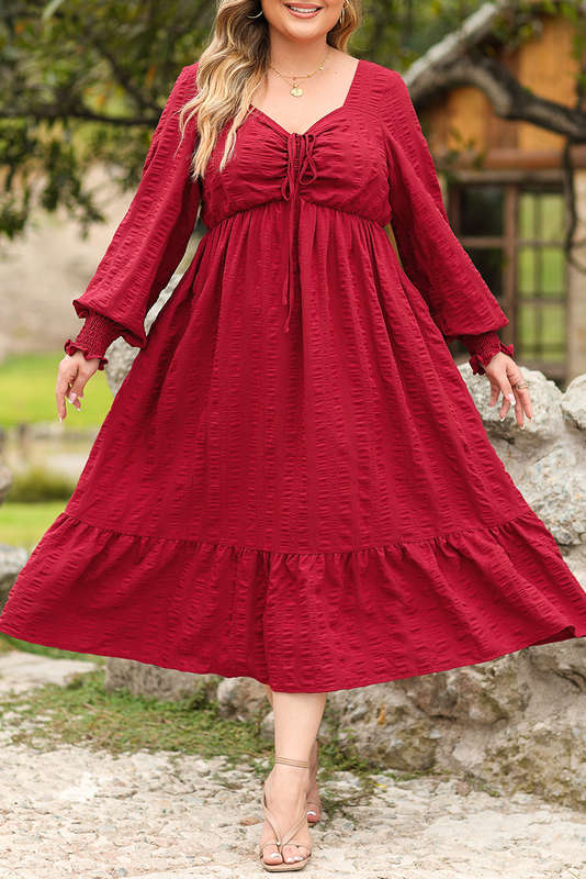 Fiery Red Lace-up Ruched Front Long Sleeve Ruffle Hem Plus Size Midi Dress