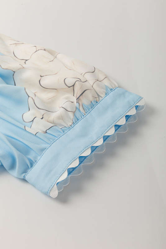 Sky Blue Floral Ric Rac Edge Puff Sleeve Button Up Summer Shirt