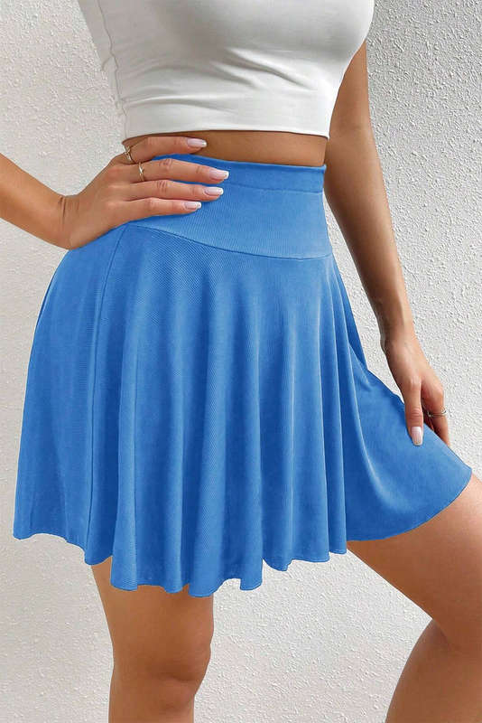 Blue A-line Draped High Waist Phone Pocket Lined Skort