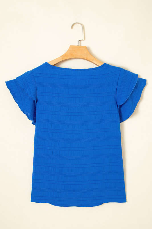 Dark Blue Textured Sequin Stars and Stripes Patched Ruffled Short Sleeve Blouse