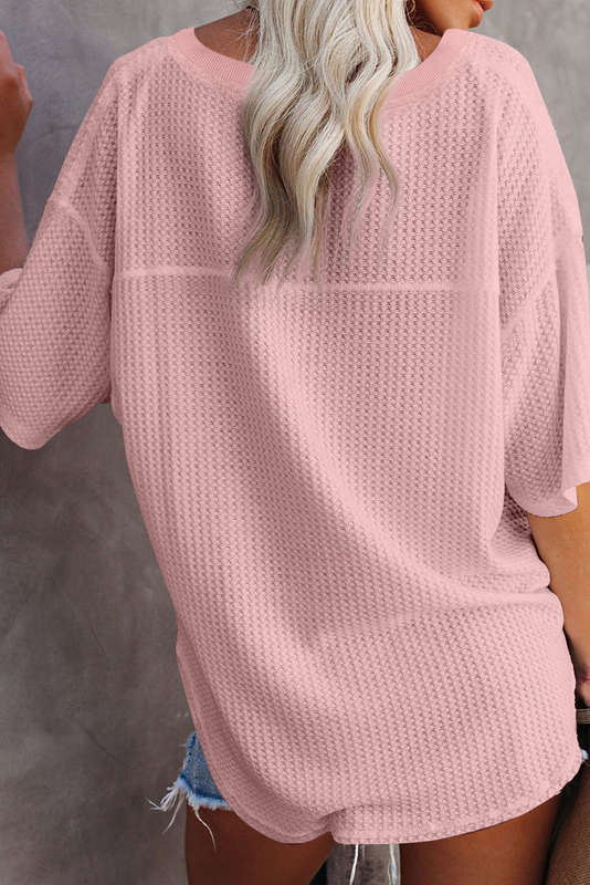 Light Pink Waffle Texture Ribbed V Neck Drop Shoulder Loose Tee