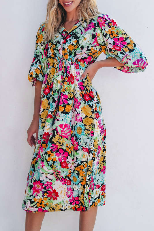 Green Floral Puff Sleeve V Neck Tassel Drawstring Dress