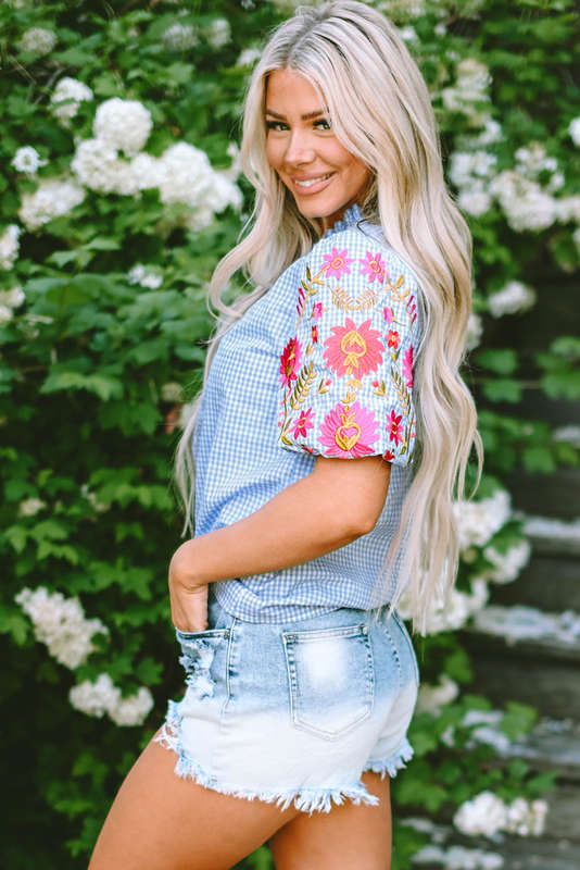 Blue V-Neck Knitted Summer Top with Exposed Seams