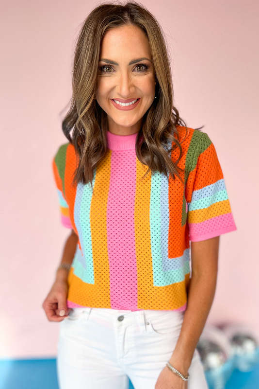 Orange Color Block Eyelet Casual Sweater T Shirt