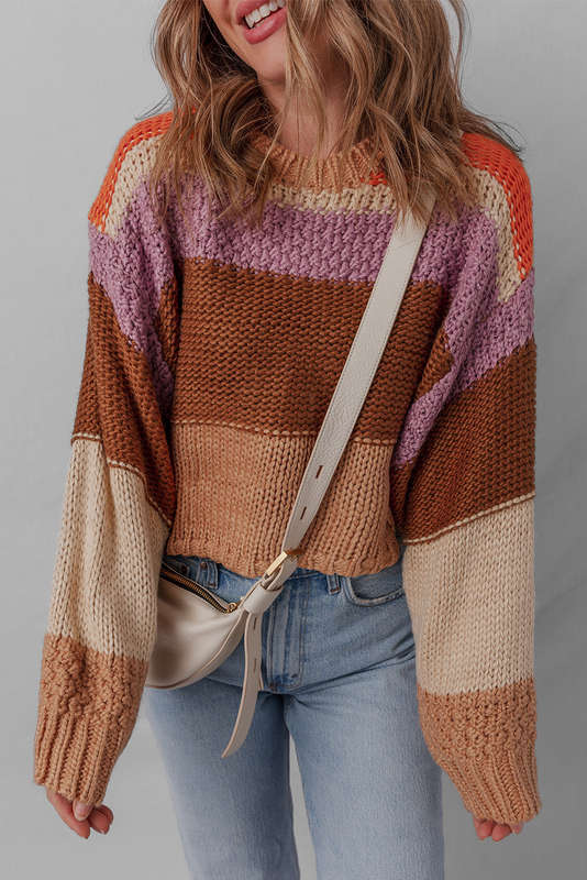 Multicolour Cropped Colorblock Drop Shoulder Knitted Sweater