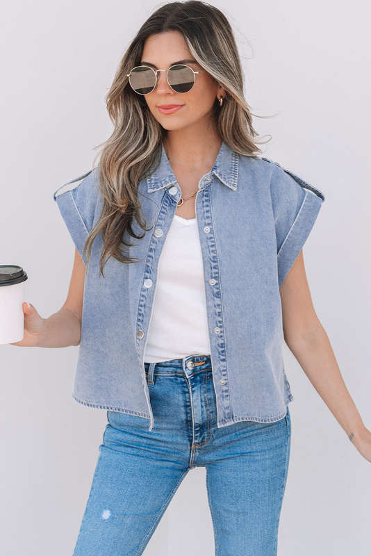 Blue V-Neck Knitted Summer Top with Exposed Seams