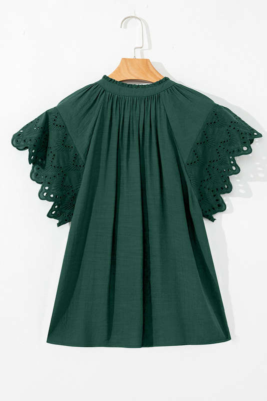 Green Bay Eyelet Embroidered Sleeve Tie V Neck Blouse
