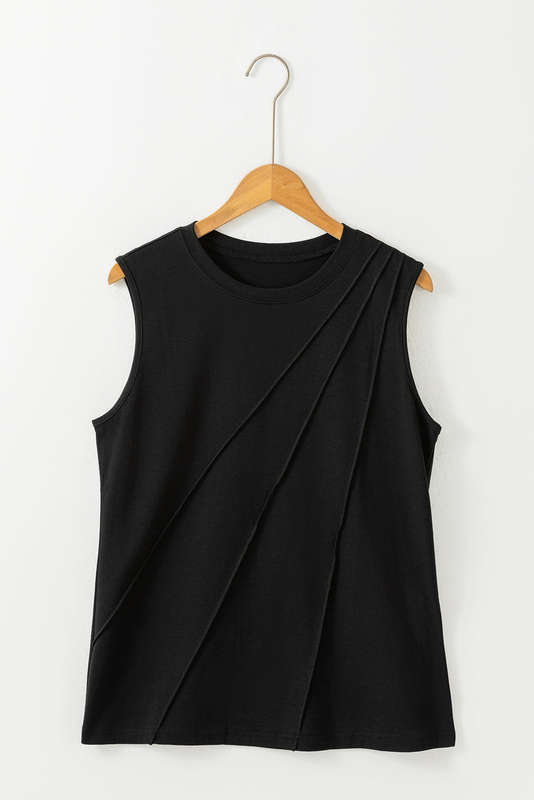 Black Crew Neck Pleated Tank Top
