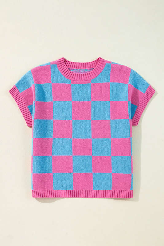 Sachet Pink Colorblock Plaid Pattern Ribbed Trim Sweater Tank Top