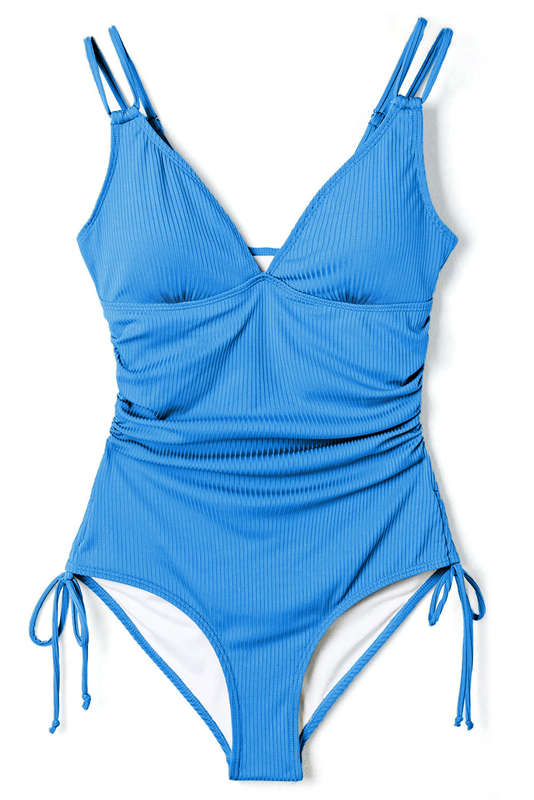 Sky Blue Orange Adjustable Straps Ribbed Knit One Piece Swimsuit