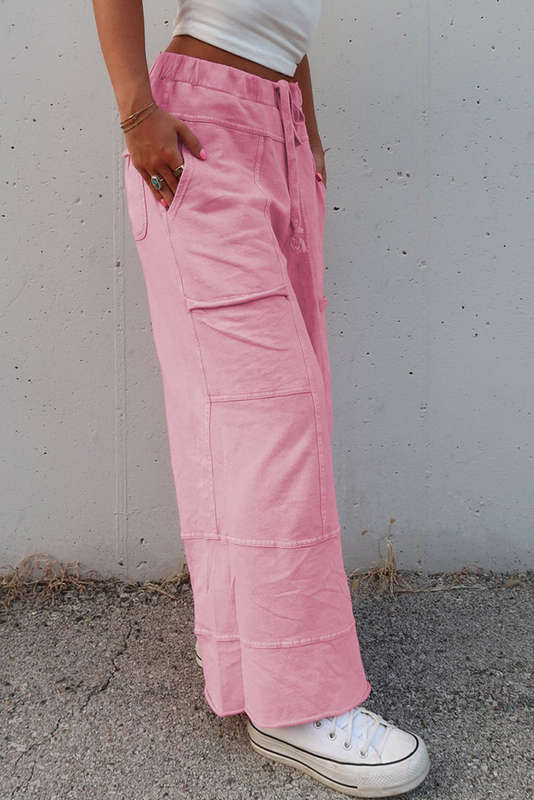 Bonbon Mineral Wash Exposed Seam Drawstring Elastic Waistband Wide Leg Cargo Pants