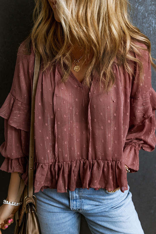 Red Swiss Dot Lace up V Neck Ruffled Blouse