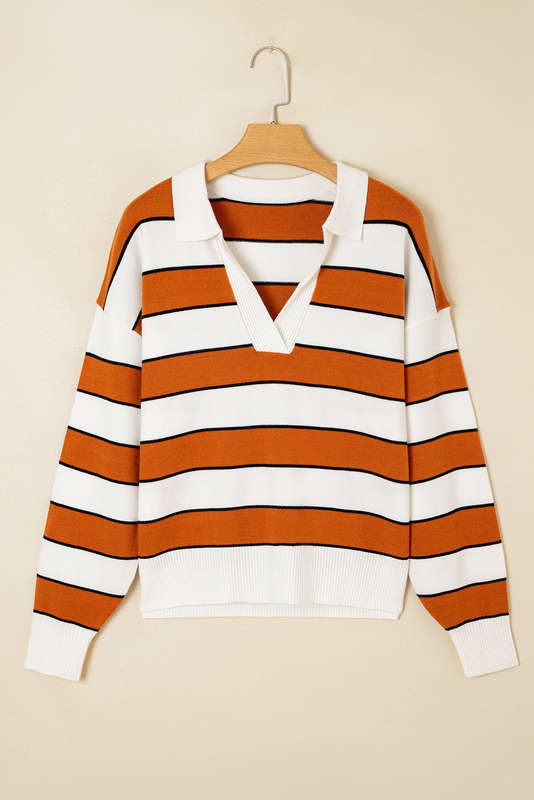 Brown Stripe Ribbed Polo Collar Drop Shoulder Sweater