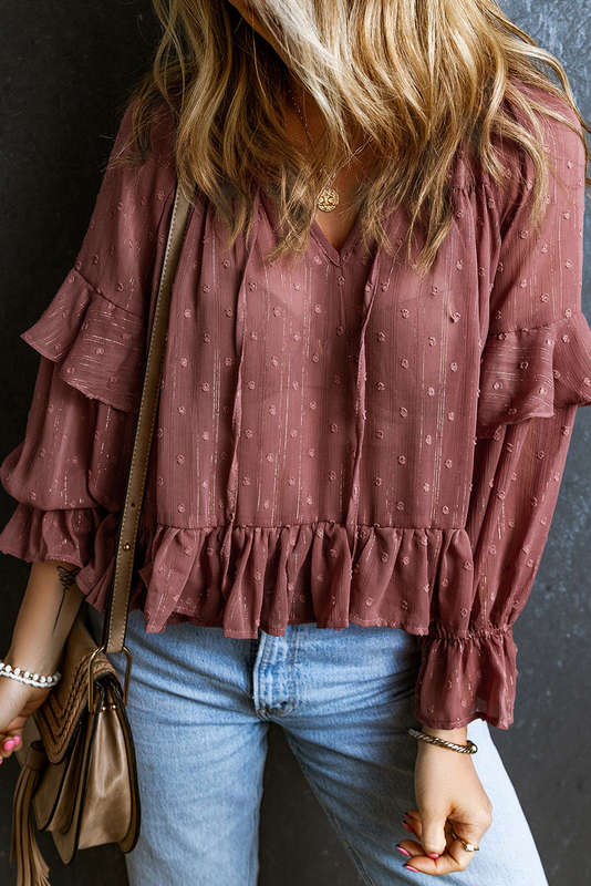 Red Swiss Dot Lace up V Neck Ruffled Blouse