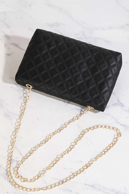 Black Textured PU Leather Gold Chain Buckle Single Shoulder Bag