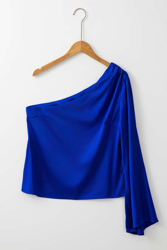 Blue V-Neck Knitted Summer Top with Exposed Seams