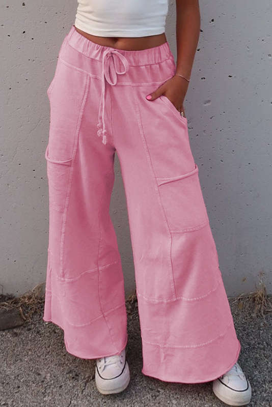 Bonbon Mineral Wash Exposed Seam Drawstring Elastic Waistband Wide Leg Cargo Pants
