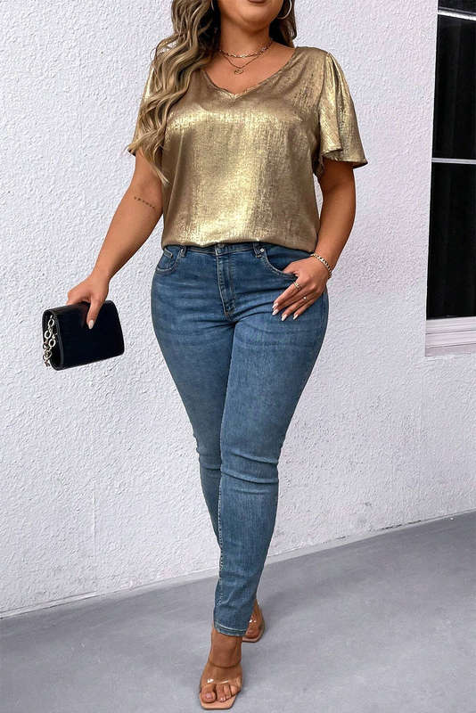 Gold Plus Size Metallic V Neck Short Sleeve Blouse