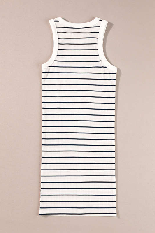 White Stripe Ribbed Knit Tank Mini Dress
