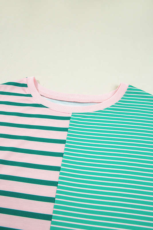 Green Stripe Color Block Exposed Seam Side Slit Plus Size Sweatshirt