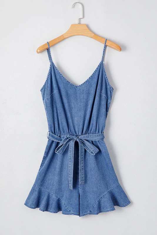 Blue V-Neck Knitted Summer Top with Exposed Seams