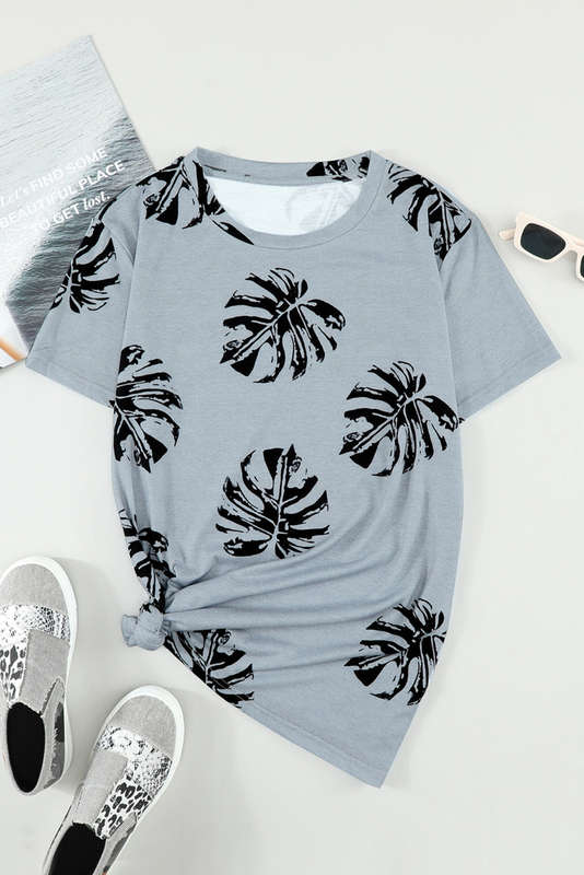 Gray Crew Neck Tropical Plants Print T-shirt