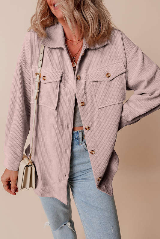 Light Pink Corduroy Flap Pocket Button Up Shacket