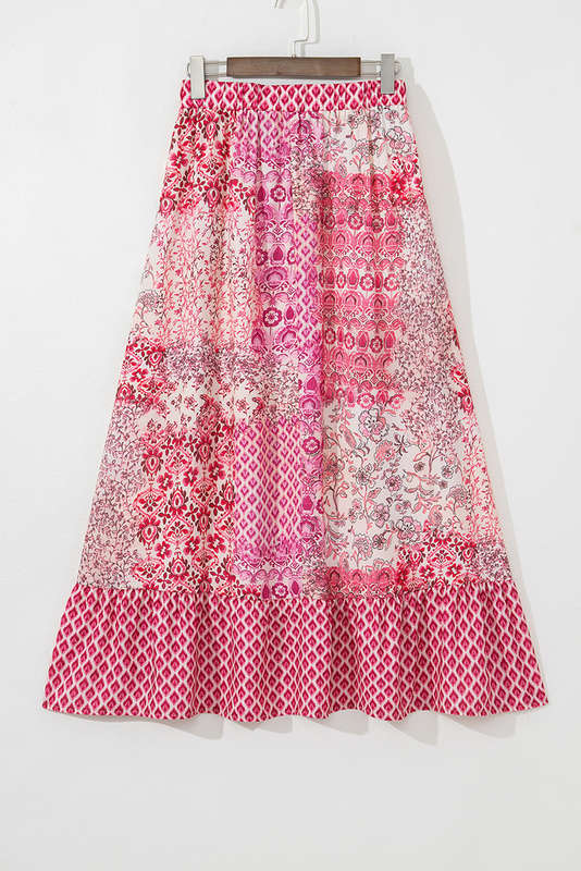 Red Boho Pattern Print Tassel Drawstring High Waist Maxi Dress