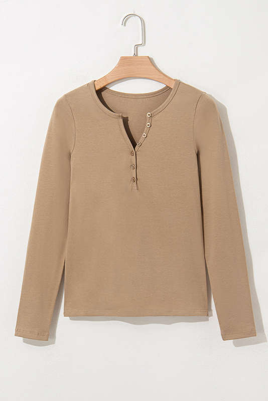 Pale Khaki Long Sleeve Buttons V Neck Slim Fit Top