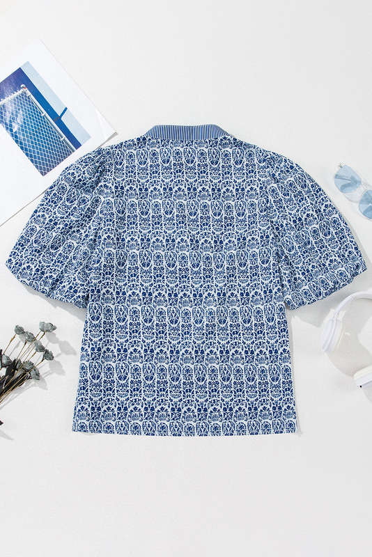 Blue Floral Striped Print Contrast Ric-rac Puff Sleeve Top