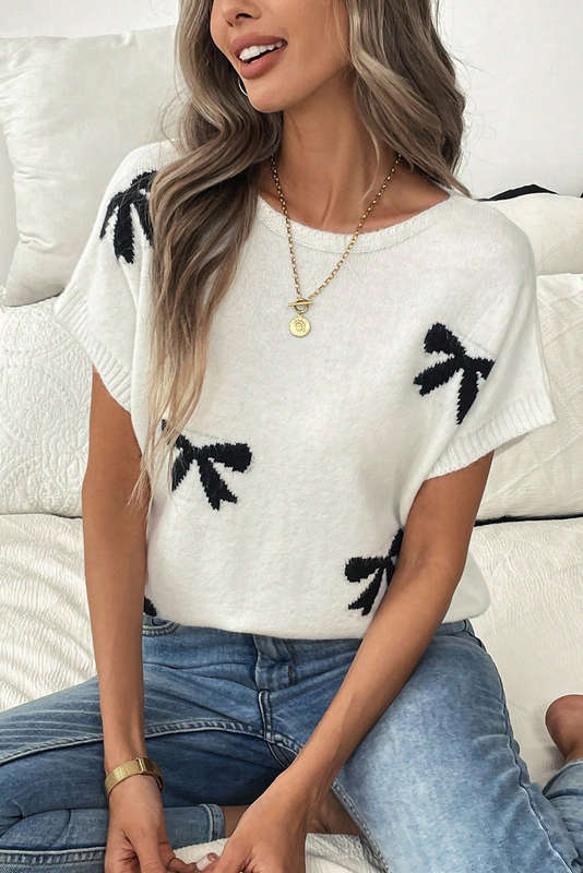 White Bow Pattern Knit Short Sleeve Sweater