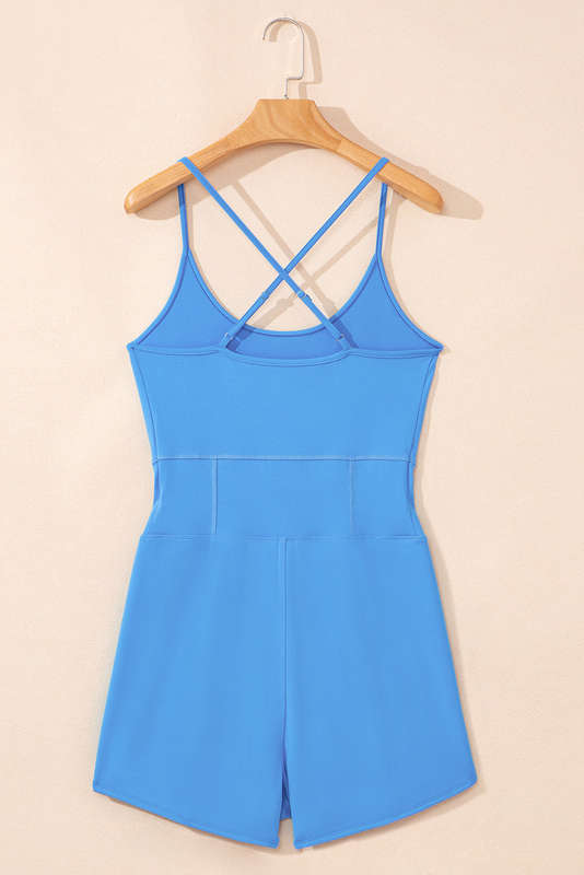 Blue Crossed Spaghetti Straps Drawstring Waist Sporty Romper