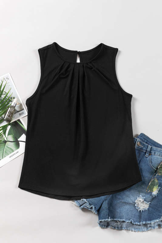 Black Pleated Round Neck Sleeveless Top