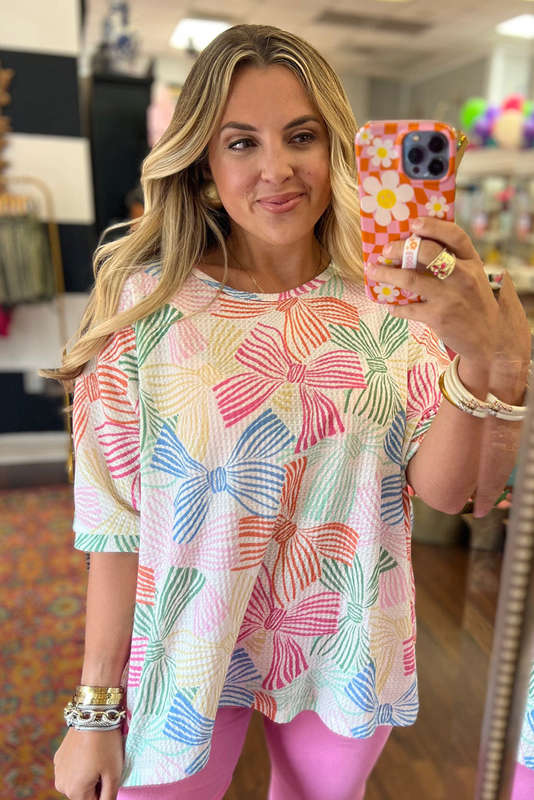 Multicolour Bowknot Printed Waffle Crewneck Loose Short Sleeve Top