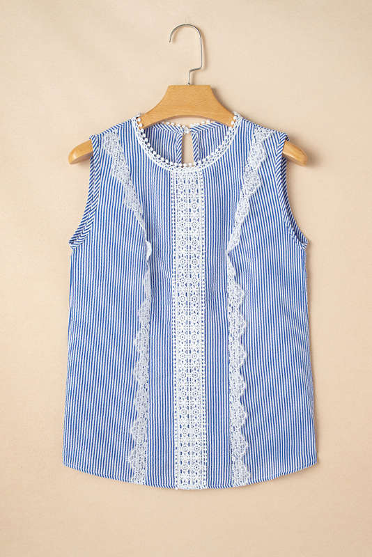 Sky Blue Stripe Lace Patchwork Crew Neck Tank Top