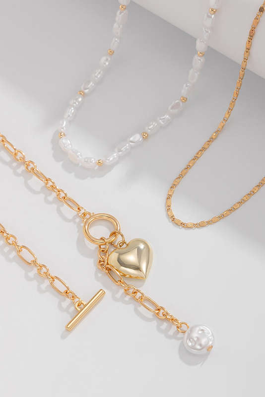 Gold Plated Heart Charm Pearl Chain Layered Necklace
