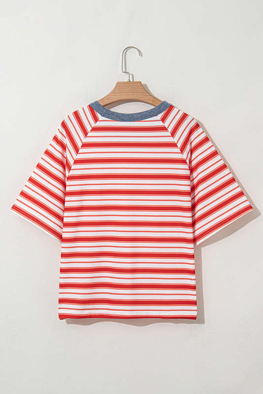 Tomato Red Stripe Print Contrast Collar Raglan Sleeve T Shirt