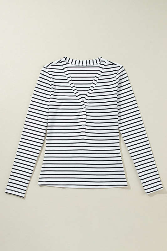 White Stripe Slim Fit Buttoned V Neck Long Sleeve T Shirt