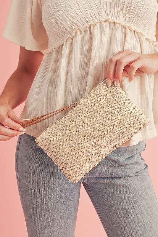Oatmeal Straw Woven Wrist Strap Zipper Large Wallet