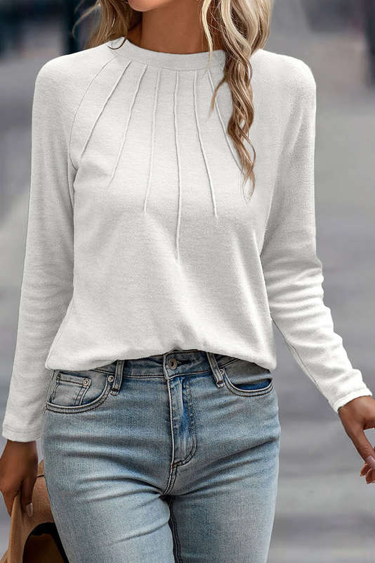 White Solid Color Seam Detail Raglan Long Sleeve Top