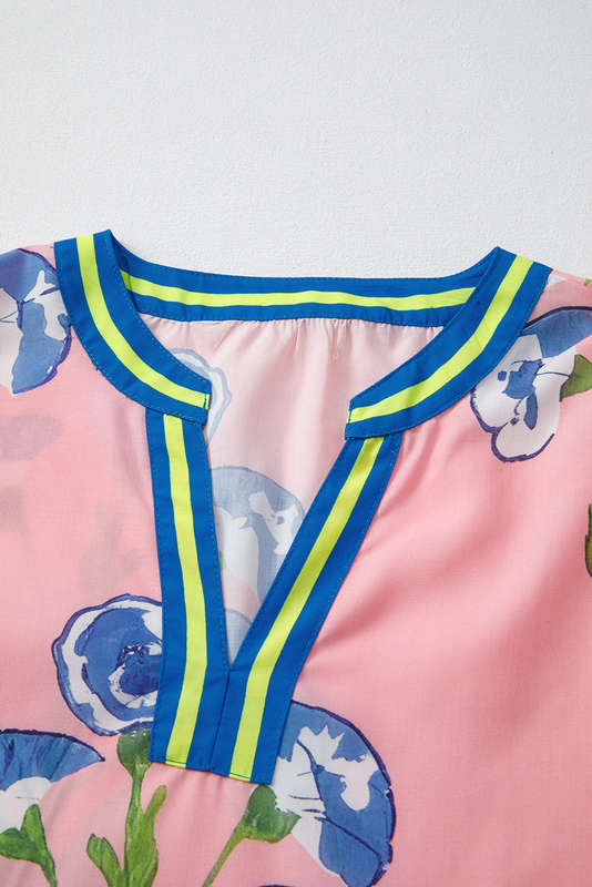 Pink Floral Print Striped Notched V Neck Bubble Sleeve Blouse