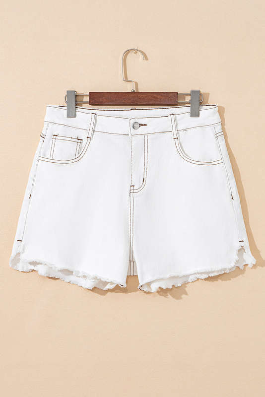 White Raw Hem High Waist Denim Shorts