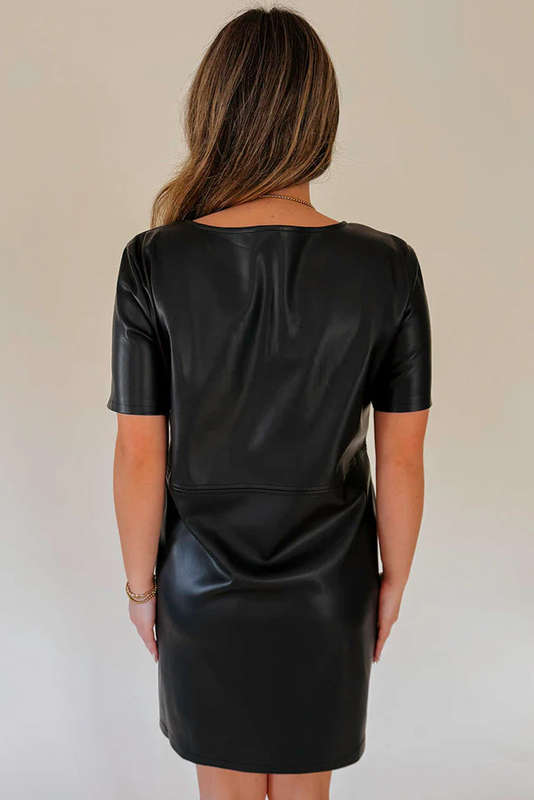 Black Faux Leather Loose T-shirt Dress