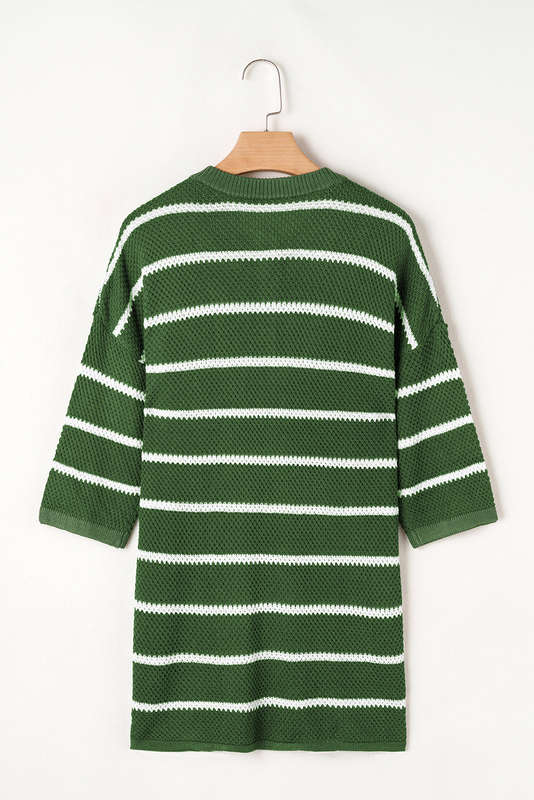 Green Stripe Henley Buttoned Placket Drop Shoulder Bracelet Sleeve Knit Sweater Tee
