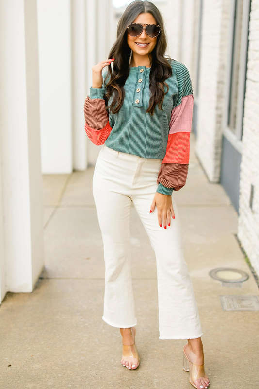 Multicolour Twisted Ribbed Knit Colorblock Henley Top