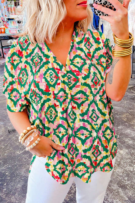 Green Abstract Print V Neck Short Sleeve Blouse