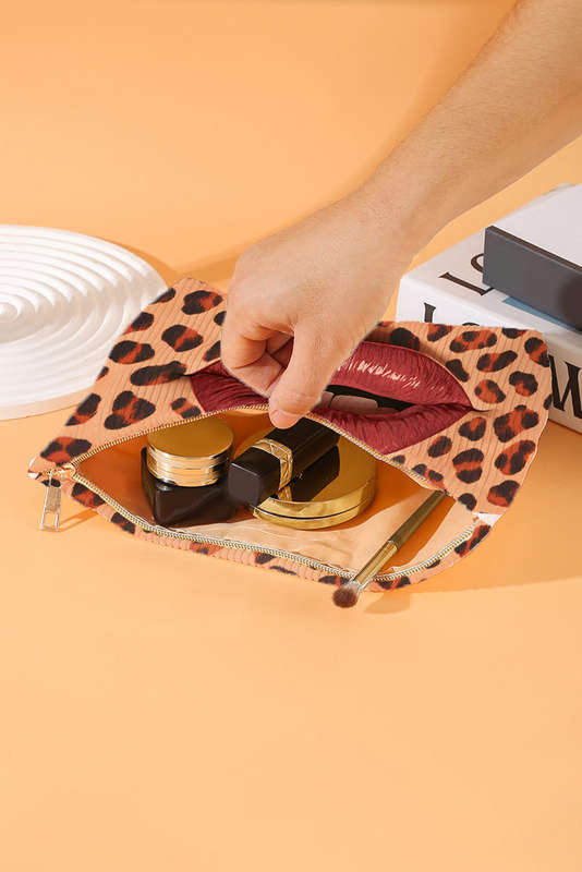 Brown Leopard Lip Shape Print Canvas Functional Makeup Bag