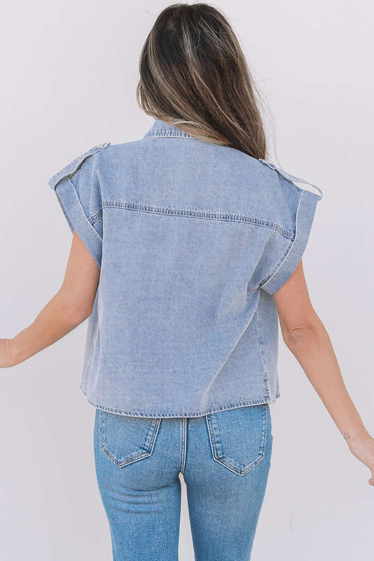 Blue V-Neck Knitted Summer Top with Exposed Seams