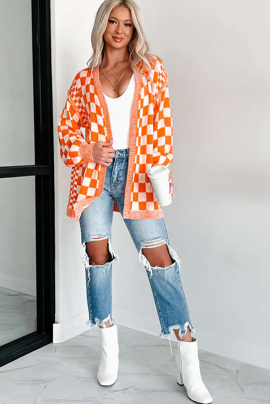 Orange Checkered Open Front Drop Shoulder Cardigan